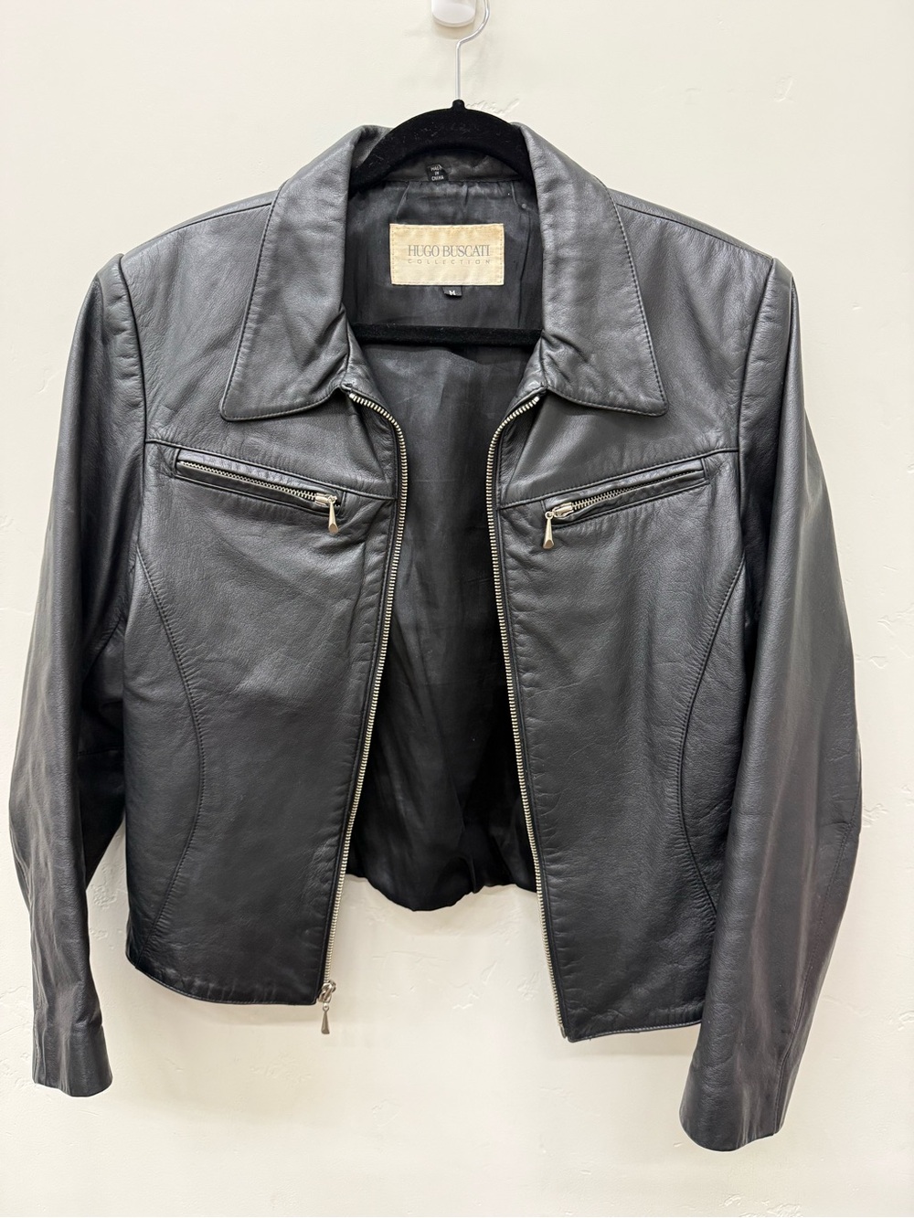 Hugo Buscati Black Leather Zip Jacket with Chest Zips-Size Med